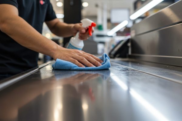 Sanitizing counter with spray and cloth cleaning